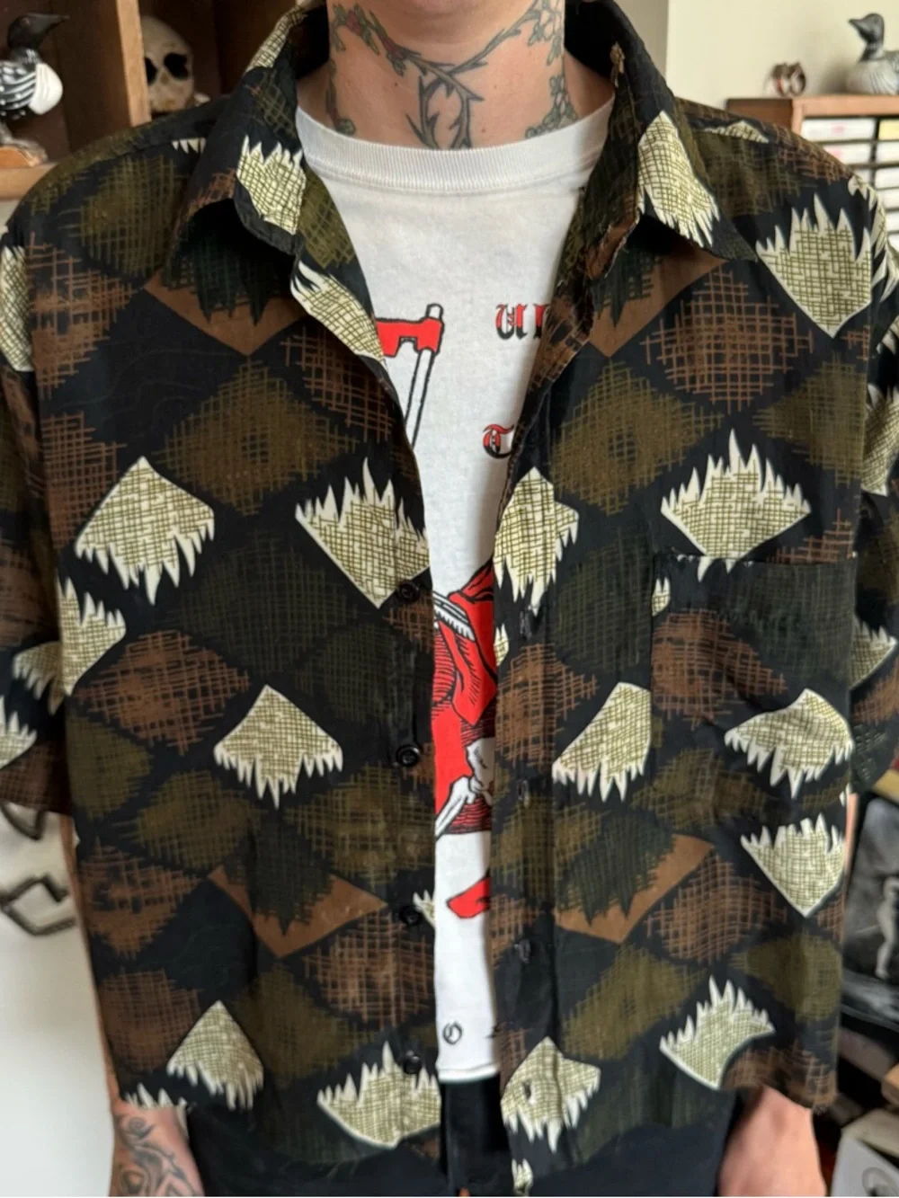 Vintage 90s Camel Cigarettes Cropped Earthy S/S Button Down ~ Size XXL - Picture 2 of 10